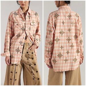 NWT Free People OneTeaspoon Lunar Studded Flannel Button Down - pink - XL